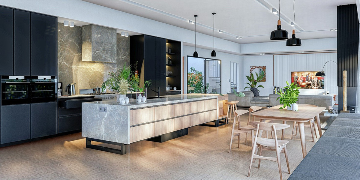 Cucine moderne con isola con open space